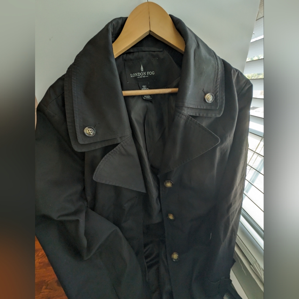 Spring summer black trench rain jacket button London fog xl women's